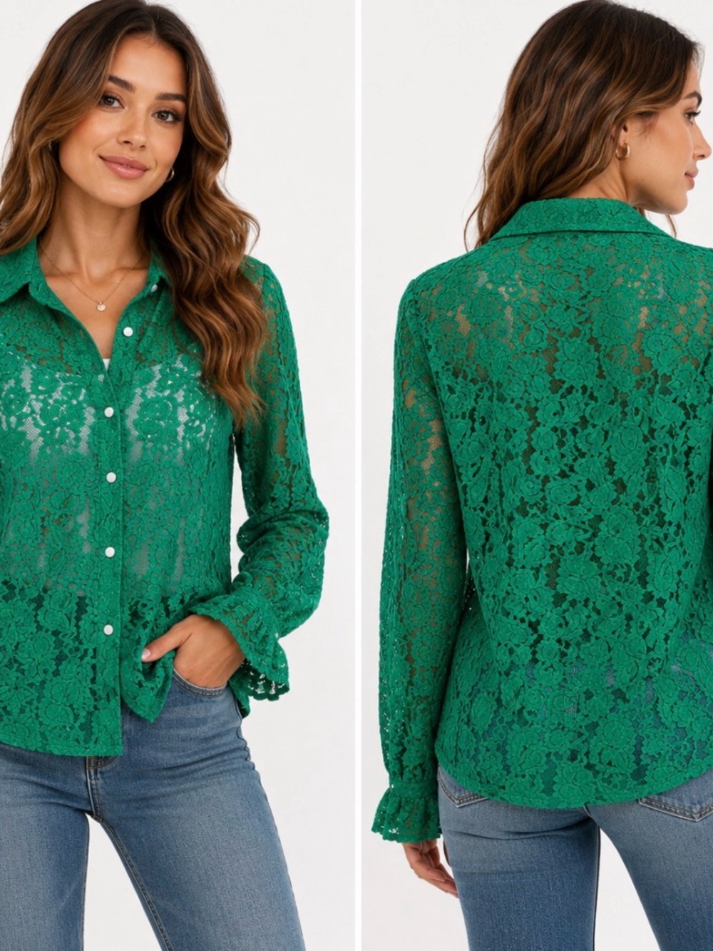 NWT BTFBM Green Floral Lace Button Front Blouse Size Medium